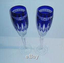 2 Waterford Clarendon Cobalt blue cut to Clear Crystal Champagne wine with box