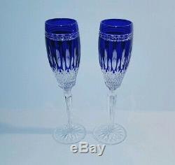 2 Waterford Clarendon Cobalt blue cut to Clear Crystal Champagne wine with box