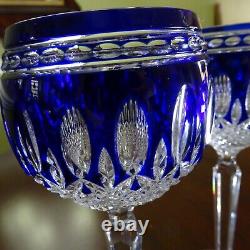2 Waterford Cobalt Blue cut to clear Crystal Clarendon 8 Hock Wine Glass Marked