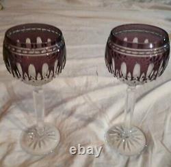 2 Waterford Crystal Clarendon Cut To Clear Amethyst Purple Hock Wine Glasses