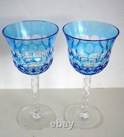 2 Waterford Simply Blue Cranberry Cased Cut To Clear Crystal Wine Goblets