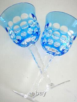 2 Waterford Simply Blue Cranberry Cased Cut To Clear Crystal Wine Goblets