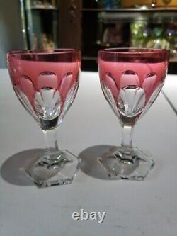 2 Wine Glasses, Cranberry Red Cut to clear Crystal Baccarat Compiegne fluted