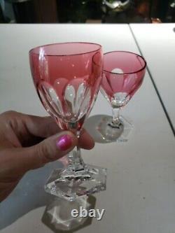 2 Wine Glasses, Cranberry Red Cut to clear Crystal Baccarat Compiegne fluted