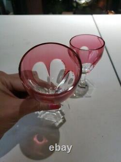 2 Wine Glasses, Cranberry Red Cut to clear Crystal Baccarat Compiegne fluted