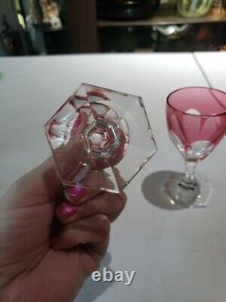 2 Wine Glasses, Cranberry Red Cut to clear Crystal Baccarat Compiegne fluted