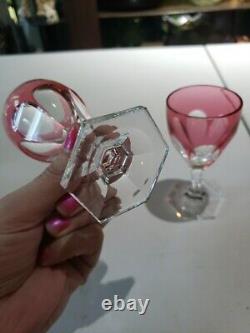 2 Wine Glasses, Cranberry Red Cut to clear Crystal Baccarat Compiegne fluted