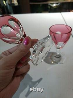 2 Wine Glasses, Cranberry Red Cut to clear Crystal Baccarat Compiegne fluted