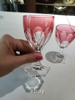 2 Wine Glasses, Cranberry Red Cut to clear Crystal Baccarat Compiegne fluted