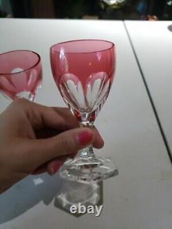 2 Wine Glasses, Cranberry Red Cut to clear Crystal Baccarat Compiegne fluted