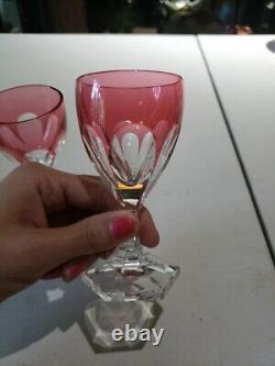 2 Wine Glasses, Cranberry Red Cut to clear Crystal Baccarat Compiegne fluted