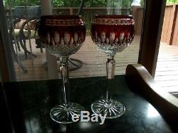 (2) Wine Hocks Glasses, Waterford Lead Crystal Clarendon Ruby Red Cut to Clear