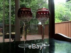 (2) Wine Hocks Glasses, Waterford Lead Crystal Clarendon Ruby Red Cut to Clear