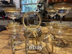 22 Lot Elegant Crystal Gold Encrusted Rim Vintage 4.5 Wine Glasses & Plates MCM