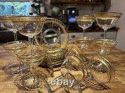 22 Lot Elegant Crystal Gold Encrusted Rim Vintage 4.5 Wine Glasses & Plates MCM