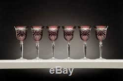 24 Lead Crystal Set of 6 Hand Made Wine Glasses in Red withDrape Cut