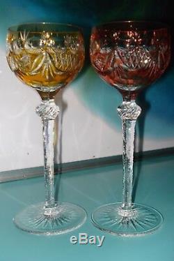 2pc Heavy cut Crystal Glass Red orange bohemian hock wine drinking Goblet glass