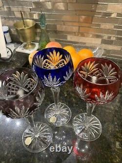 3 AJKA Colored Carloline Cut-To-Clear Blown Crystal Wine Stem Goblets Amethyst