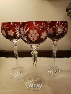 3 Ajka Martisa Wine Glasses Ruby Red Cut To Clear Crystal Bohemian Hungary