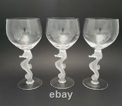 3 Bayel Frosted Seahorse Stem Crystal Water Wine Glasses Goblets 7 3/8 France