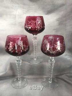(3) Czech/Bohemian Ruby Crystal Cut To Clear Grape & Star 8 Hock Wines