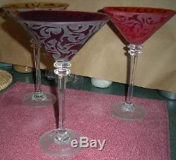 3 Michael Weems Elise etched martini / wine crystal stemware /2 Signed and dated