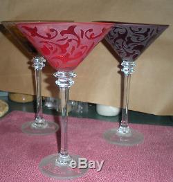 3 Michael Weems Elise etched martini / wine crystal stemware /2 Signed and dated