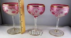 3 St. Louis Acid Cutback Cranberry Cut to Clear Glass Wine Goblets Rare Crystal