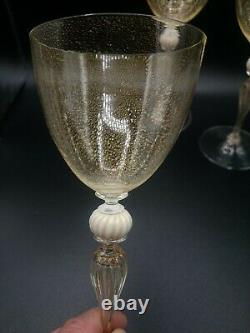 3 Venetian Salviati Murano Art Glass Gold Fleck Stems & Bowl Wine Goblets