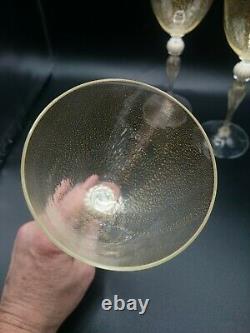3 Venetian Salviati Murano Art Glass Gold Fleck Stems & Bowl Wine Goblets