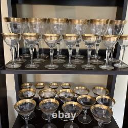 35 Piece Vintage Gold Encrusted Crystal Goblets Elegant Etched Rim Stemware