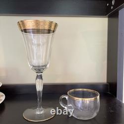 35 Piece Vintage Gold Encrusted Crystal Goblets Elegant Etched Rim Stemware