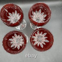 4 AJKA Castile Albinka Red Crystal Wine Goblet Glasses 8 1/4 Cut To Clear