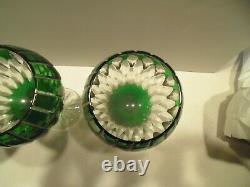 4 AJKA Castille Emerald Green cut to clear crystal balloon wine goblets