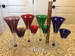 4 AJKA Castille Multi-Clr Crystal Cut to Clear Cordials & Wine Glasses Mint Cond