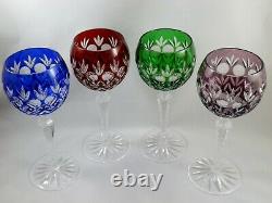 4 AJKA Crystal Cut Clear Hock Wine Goblets Florderis Blue Red Green Purple Multi