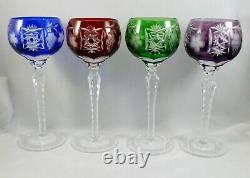 4 AJKA Cut Crystal Glass Hock Wine Goblets Marsala Blue Red Green Purple