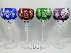 4 AJKA Cut Crystal Glass Hock Wine Goblets Marsala Blue Red Green Purple