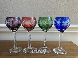 4 Ajka Marsala Multi Color Bohemian Glass Cut To Clear 8 1/4 Wine Hock Glasses