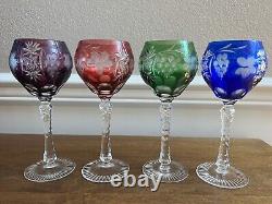 4 Ajka Marsala Multi Color Bohemian Glass Cut To Clear 8 1/4 Wine Hock Glasses