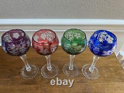 4 Ajka Marsala Multi Color Bohemian Glass Cut To Clear 8 1/4 Wine Hock Glasses