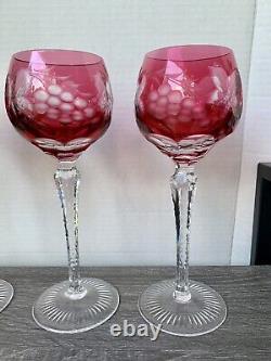 4 Bohemian Cranberry Cut to Clear Crystal Sherry Cordials Grapevine Wine Glasses