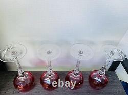 4 Bohemian Cranberry Cut to Clear Crystal Sherry Cordials Grapevine Wine Glasses