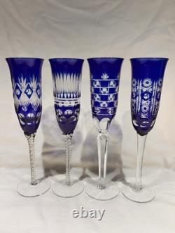 4 Bohemian Czech Cobalt Blue Cut to Clear Wine Stem Champagne Flute Glass 9.5