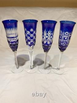 4 Bohemian Czech Cobalt Blue Cut to Clear Wine Stem Champagne Flute Glass 9.5