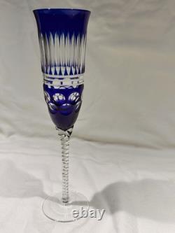 4 Bohemian Czech Cobalt Blue Cut to Clear Wine Stem Champagne Flute Glass 9.5
