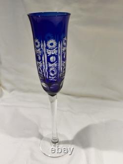 4 Bohemian Czech Cobalt Blue Cut to Clear Wine Stem Champagne Flute Glass 9.5