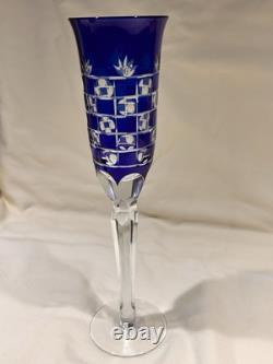 4 Bohemian Czech Cobalt Blue Cut to Clear Wine Stem Champagne Flute Glass 9.5