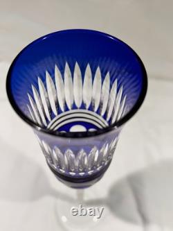4 Bohemian Czech Cobalt Blue Cut to Clear Wine Stem Champagne Flute Glass 9.5
