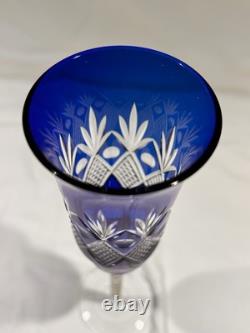 4 Bohemian Czech Cobalt Blue Cut to Clear Wine Stem Champagne Flute Glass 9.5